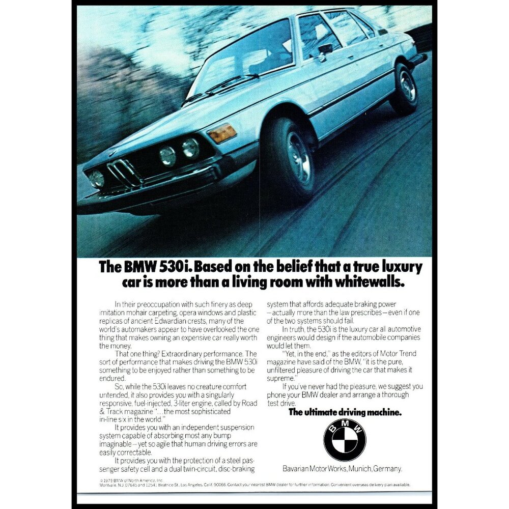 1975 BMW 530i Luxury 4 Door Sports Sedan Vintage Print Ad Man Cave Wall Art
